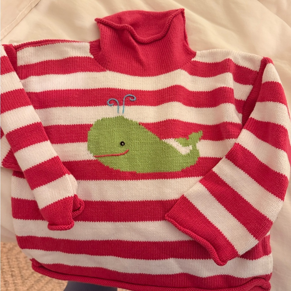 Claver fuchsia and White Striped Sweater with Green Whale